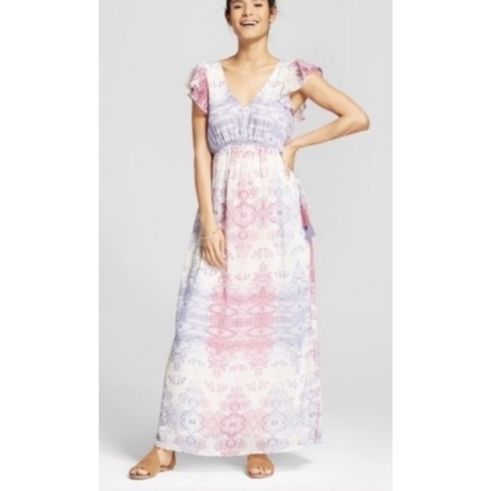 Knox Rose Sz L Maxi Dress Floral Print Flultter Sleeves Pink Lined Comfort Boho